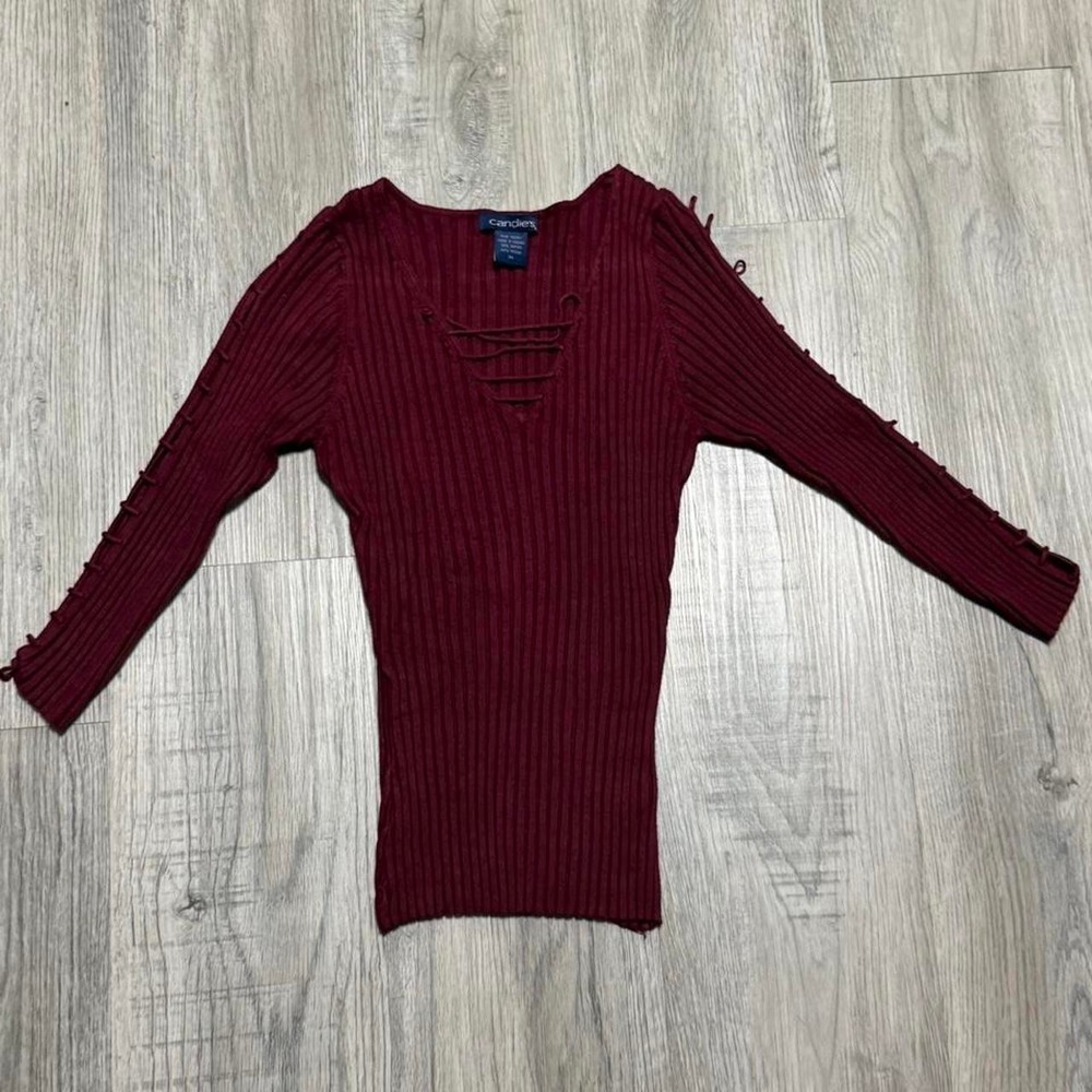 Candie's Ribbed Knit Lace Up Top, Women, Size M